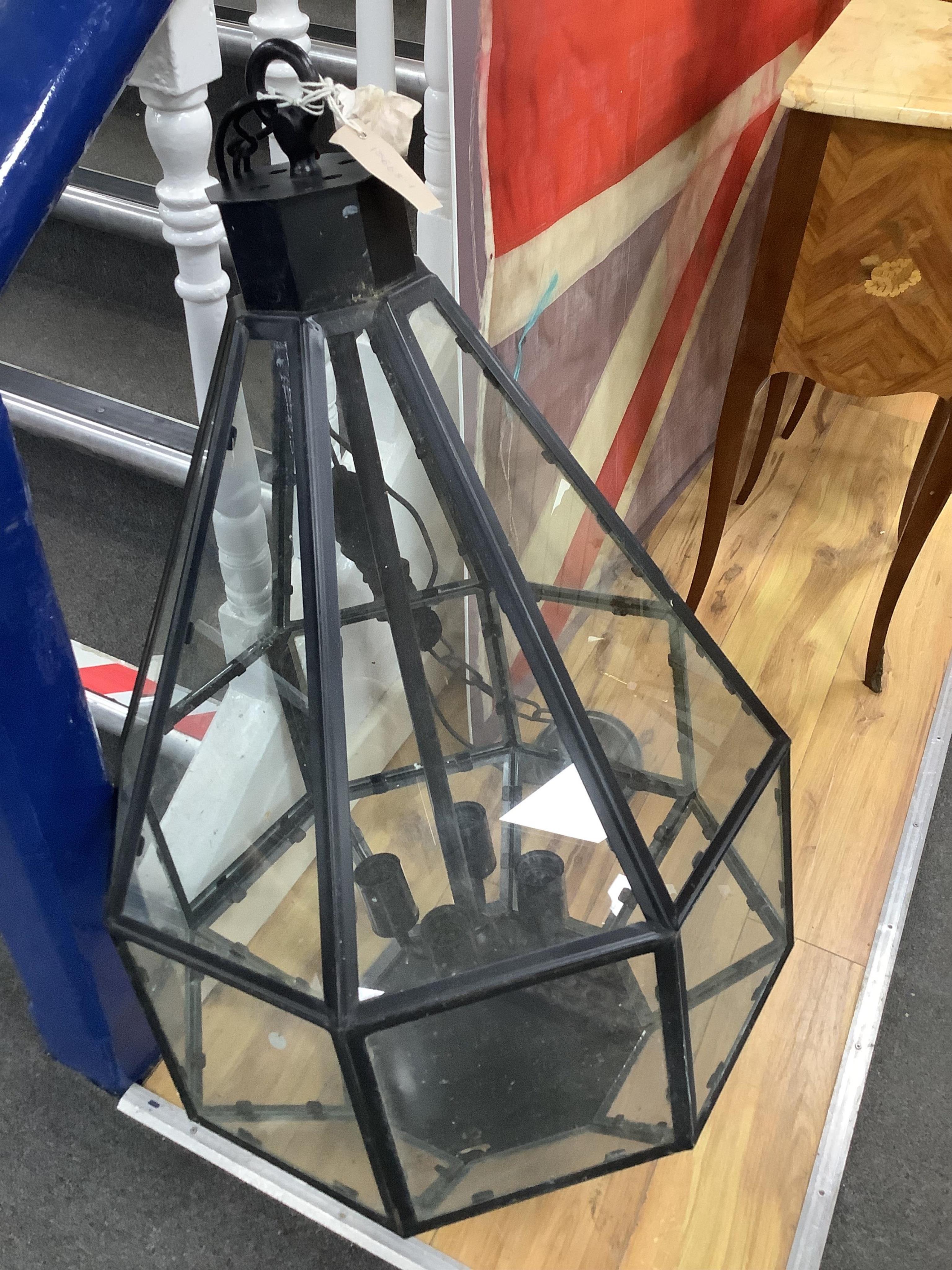 A large glass panelled lantern, 92cm in length. Condition - good, would benefit from a clean, not tested as working